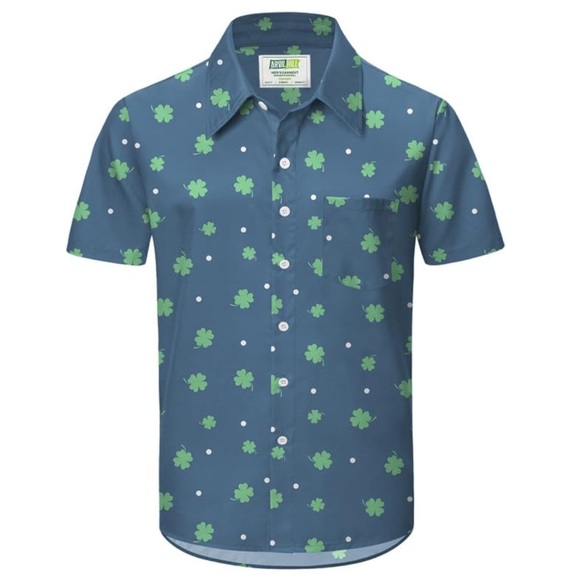 Other - Men's Blue button up Shirt with Green Clovers & dots
